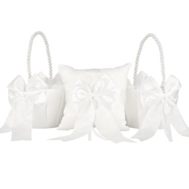 Imagem de 3 Pcs Wedding Ring Bearer Pillow Flower Attendants Baskets Set, Including an Elegant Ring Pillow and 2 Flower Attendant Baskets with Pearl Handle, Handcrafted with White Ribbon for Romantic Weddings