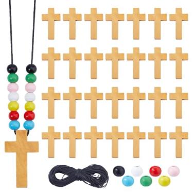 Imagem de DICOSMETIC Colar com pingente de cruz de madeira DIY para artesanato religioso, incluindo 560 peças, 7 cores, contas de madeira redondas pintadas em spray, 40 peças, pingentes de cruz de madeira e