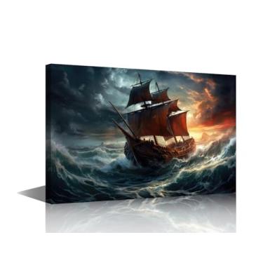 Imagem de Decoração de parede de quarto navio pirata pôr do sol no mar áspero pintura em tela arte de parede arte de navio antigo decoração de parede em tela impressões de pôster decoração de parede de família