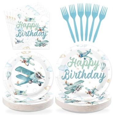Imagem de Greencian 96Pcs Airplane Birthday Party Decorations Airplane Birthday Plates and Napkins Plane Disposable Tableware for Kids Boys Girls Plane Time Flies Birthdays Party Decorations
