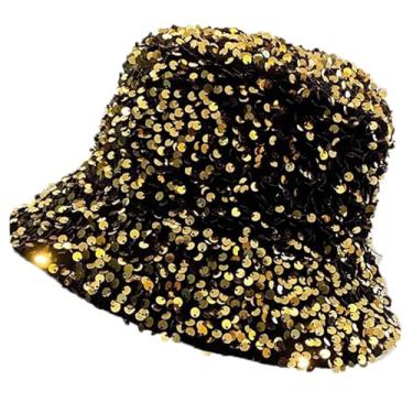 Imagem de Chapéu Balde de Lantejoula Skiny Feminino Masculino Festival Brilhante Metálico Boné de Pescador Brilhante Fantasia de Festa, Dourado, tamanho �nico
