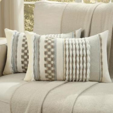 Imagem de FUTEI Conjunto de 2 capas de almofada com detalhes cinza marrom, 30,5 x 50,8 cm de pelúcia, listradas, texturizadas, decorativas para decoração de sofá boho de fazenda