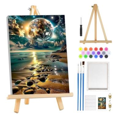 Imagem de MOGTAA Kit de pintura de céu estrelado por números para adultos iniciantes com moldura, paisagem de praia kits de pintura por números em tela com cavalete, kits de pintura a óleo DIY fáceis para