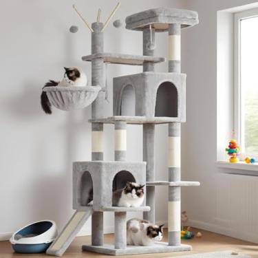 Imagem de Hey-brother Árvore para gatos, 185 cm, torre para gatos internos, condomínio de pelúcia com vários níveis para gatos com brinquedos removíveis, 2 cavernas, poleiros grandes, tábua de arranhar, cinza