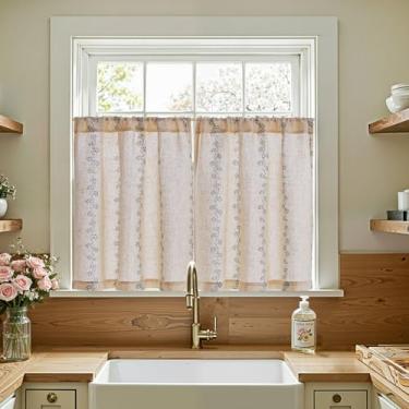 Imagem de jinchan Cortinas de cozinha de linho de 76 cm de comprimento, cortinas de janela pequenas, painéis modernos de cortina de fazenda com padrão de pata de gato e vinha para banheiro, porão, filtro de luz