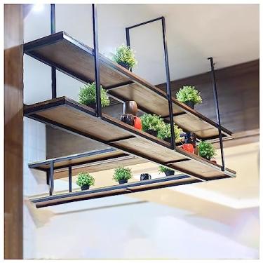 Imagem de Prateleiras flutuantes de teto, prateleiras de madeira de metal multifuncionais, prateleira de armazenamento de 2 camadas rústica, prateleira de armazenamento suspensa para cozinha, restaurante, bar