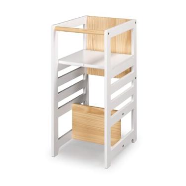 Imagem de Torre de Aprendizagem Montessoriana 4 em 1 Branca Cadeirão Ajustável, Mesinha de Atividades, Quadro de Desenhos