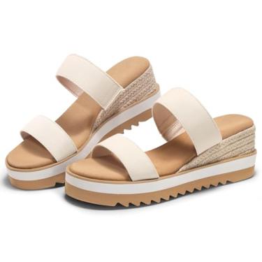 Imagem de Coutgo Sandálias femininas plataforma alpargatas salto plataforma confortável sem cadarço, bico aberto, sapatos de praia de verão, Lona bege, 38