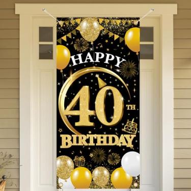 Imagem de Banner de porta de decoração de aniversário de 40 anos - 1 peça com glitter dourado preto feliz 40º aniversário decoração de porta banner para homens mulheres sinal de quintal cabine foto decoração