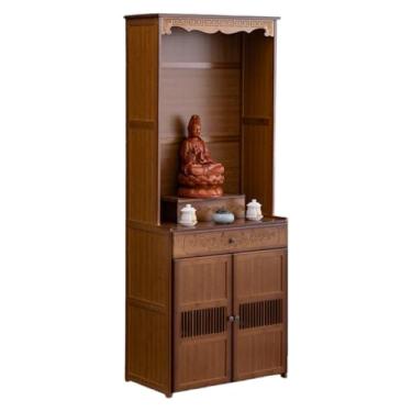 Imagem de Mesa de altar pessoal de bambu, armário de nicho budista de 172 cm com armazenamento, pedestal de meditação para ofertas de Buda, design elegante de porta de treliça, perfeito para decoração de casa