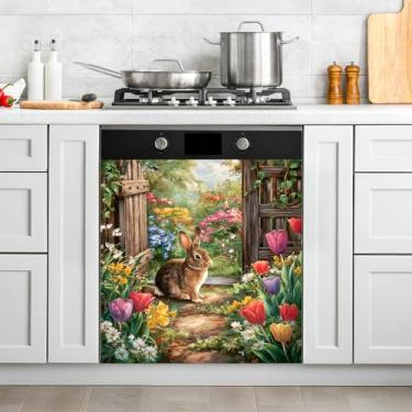 Imagem de Capa magnética para máquina de lavar louça, porta da frente, vintage, ímã de geladeira, decoração Highland Cow, adesivo magnético para utensílios de cozinha (coelho, 58 cm C x 66 A)