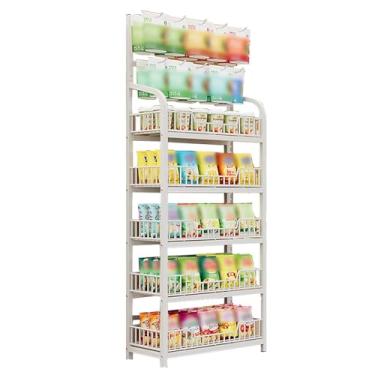 Imagem de Suporte de exibição de lanche para chão, grande supermercado lojas de doces farmácia prateleira organizadora multicamadas com ganchos, suporte de armazenamento para bebidas de frutas e vegetais (cor