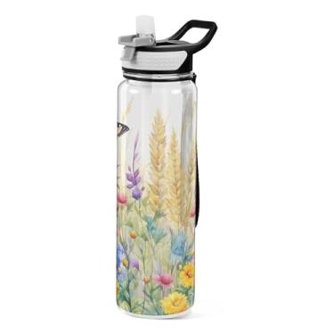 Imagem de Burbuja Garrafa de água Wildflowers de 946 ml com tampa de palha, à prova de vazamento e livre de BPA para academia, esportes ao ar livre