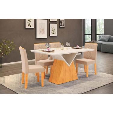 Imagem de Conjunto: Mesa Sala Jantar Argo c/ Tampo Madeirado c/ Vidro Curvo 136x90cm e 4 Cadeiras Zoe Cedro/Off White - Suede Creme - DJ Móveis
