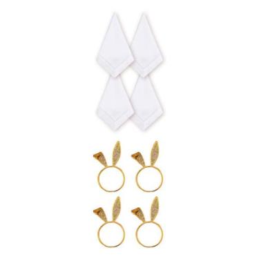 Imagem de Kit 4 Guardanapo Branco E 4 Porta Guardanapo Dourado Rafimex