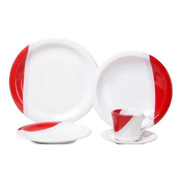 Imagem de Jogo de Jantar 20 Peças Completo com Pratos e Xícaras Cerâmica para Mesa Posta Vermelho...