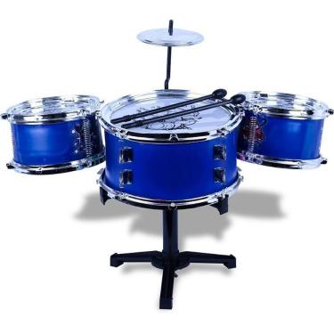 Imagem de Bateria Infantil com 3 Bumbos 1 Prato e 2 Baquetas para Crianças Azul Music