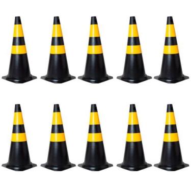 Imagem de Kit Com 10 Cones De Sinalização Trânsito Em Pvc 75 Cm Preto E Amarelo