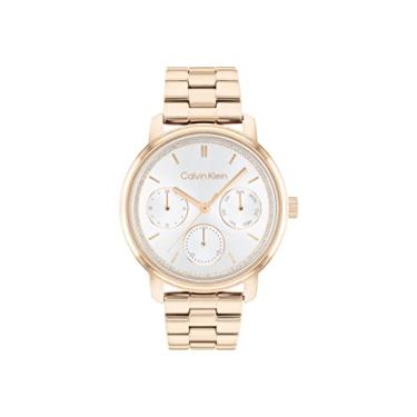 Imagem de Calvin Klein Relógio feminino de quartzo banhado a íon cravo ouro aço caixa e pulseira de elos, cor: ouro cravo (modelo: 25200178), Cravo, ouro