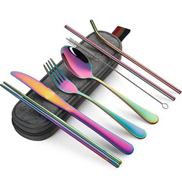Imagem de DEVICO Utensílios portáteis, conjunto de talheres de acampamento para viagem, 8 peças, incluindo faca, garfo, colher, pauzinhos, escova de limpeza, canudos, estojo portátil, conjunto de talheres de