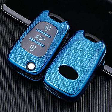 Imagem de YJADHU Capa de chave de carro TPU chaveiro chaveiro bolsa de chave, apto para Kia RIO K2 K3 K5 Ceed Cerato Sportage SOUL Hyundai Verna i20 i30, azul
