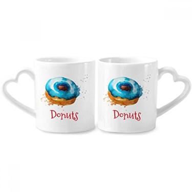 Imagem de Aquarela pintada à mão donut azul sobremesa casal conjunto de canecas de porcelana copo amante coração alça