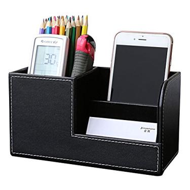 Imagem de KINGFOM Organizador de mesa Materiais de escritório Suporte de couro PU Multifunção Caixa de armazenamento caneta/lápis, telefone celular, porta-cartões de nome comercial com controle remoto preto