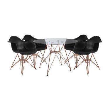 Imagem de Conjunto Jantar Mesa Eames Eiffel Vidro Redonda 110cm com 4 Poltronas Pretas Ferro Cobre