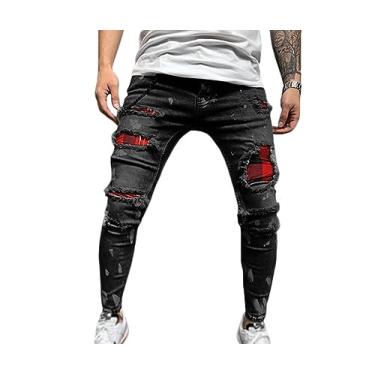 Imagem de Calça jeans masculina clássica elástica elegante calça jeans destruída streetwear, Preto, M