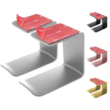 Imagem de Gancho de fone de ouvido de alumínio sob a mesa, pacote com 2 unidades, com fita adesiva forte VHB, comporta 2,2 kg (prata)