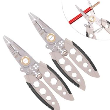 Imagem de 1/2 unidades de descascador de fio de 7 polegadas ferramenta profissional de descascamento de fio cortador de fio de aço com alça antiderrapante cortador de fio multifuncional alicate descascador de c