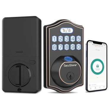 Imagem de Secustone Smart Lock – Fechadura de porta com impressão digital – Fechadura de porta de entrada sem chave – Fechadura inteligente para porta da frente com 2 chaves de reserva, fechadura de porta com teclado – Trava automática 4 em 1 – Bronze polido a óleo