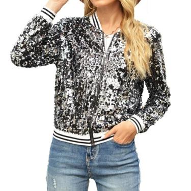 Imagem de Blazer feminino de lantejoulas, manga comprida, brilhante, com zíper, jaqueta bomber casual, festa, roupa urbana com bolsos, Preto, G
