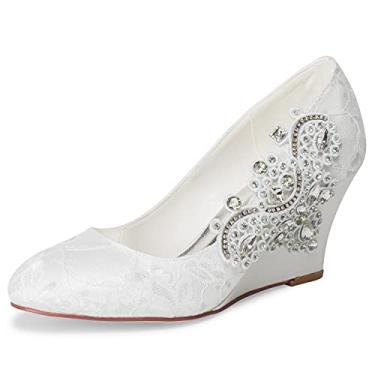 Imagem de JIAJIA 1217524 Sapatos de noiva para mulher com ponta fechada 7,5 cm salto de cunha pontiaguda sapatos de cetim sapatos de casamento com diamantes de imitação, Marfim, 35 BR