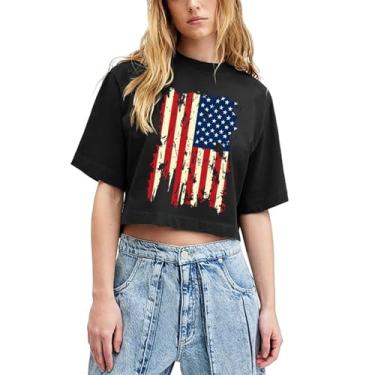 Imagem de Camiseta feminina com bandeira americana patriótica de 4 de julho camiseta manga curta Memorial Day camiseta cropped para meninas, #09 - Preto, 3G