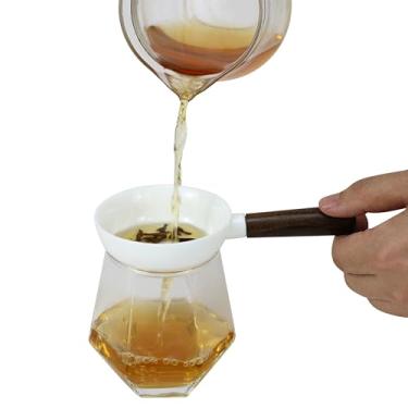 Imagem de EIKS Filtro de cerâmica para coador de chá com cabo de madeira para folhas soltas, chá, flor, chá, café, bebidas, coquetéis em casa, jardim, escritório