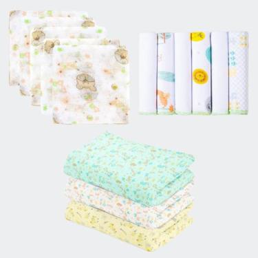 Imagem de Kit Enxoval Bebê 14 Peças - 3 Cueiro Bebê Flanelado + 5 Fralda de pano