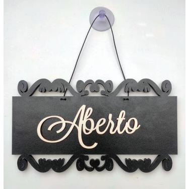 Imagem de Placa Arabesco Enfeite Decorativo Aberto / Fechado Mdf Preto com Cordã