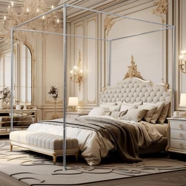 Imagem de JENCEAILL Estrutura de cama de dossel de aço inoxidável, tamanho solteiro, metal espesso, design resistente de 4 cantos, adequado para camas de metal/madeira, decoração de quarto