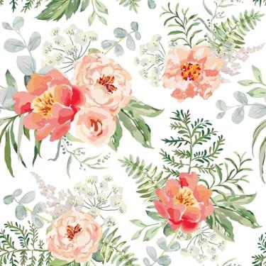 Imagem de VEELIKE Papel de parede floral rosa pêssego para quarto banheiro papel de parede removível para quarto e banheiro 48 cm x 890 cm, papel de parede botânico removível para prateleira de parede