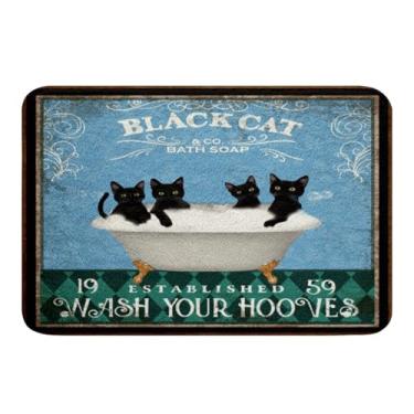 Imagem de Tapetes de banheiro de gatos pretos Tapetes de banheiro para crianças retrô divertidos animais de fazenda antiderrapante Vintage Farmhouse Cute Kitten Tapetes de banheiro para banheiro Azul Verde Diamante Geométrico Acessórios de banheiro Tapete de chão 50,8 x 81,2 cm