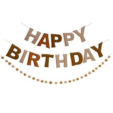 Imagem de Faixa de feliz aniversário marrom decorações de aniversário guirlanda bola de feltro pré-amarrado sinal de feliz aniversário para decorações de festa de aniversário para homens e mulheres