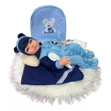 Imagem de Bebe Reborn Realista Menino Moreno Roupa Azul E Bolsa