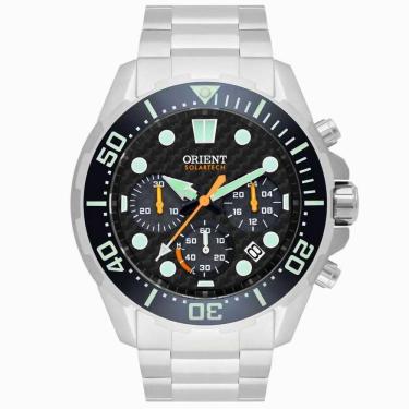 Imagem de Relógio de Pulso Orient Solar Masculino Cronógrafo Calendário Analógico Aço Inóx Prova Dágua 30 ATM Robusto Redondo Casual Prata MBSSC260 P1SX