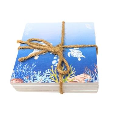 Imagem de Porta-copos náuticos de madeira de tartaruga marinha – Conjunto de porta-copos costeiros de 4 peças com corda para mesa de centro e bar – decoração rústica do oceano, casa de praia e escritório –