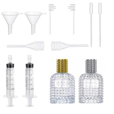Imagem de Pacote com 2 frascos de perfume recarregáveis, frascos de perfume vazios de vidro espesso transparente, atomizador de perfume para viagem, frascos pulverizadores de colônia com 10 peças de ferramentas