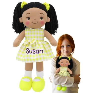 Imagem de Personalized Rag Dolls for Girls - Custom 16 Inches Soft Plush Snuggle Baby Doll for Toddlers Stuffed Toys - Muñecas de Trapo Personalizadas para Niñas - Yellow Checked Dress