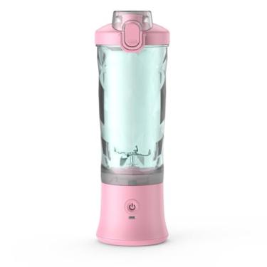 Imagem de Liquidificador portátil, máquina de suco de tamanho pessoal de 600 ml, liquidificador de smoothie com seis lâminas, copo de suco recarregável por USB para viagens, academia, ao ar livre e casa (rosa)