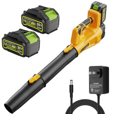 Imagem de Narbell Soprador de folhas sem fio 20 V, soprador de folhas elétrico com baterias de 2 x 4,0 Ah e carregador rápido, soprador portátil leve com 2 tubos para gramado e neve soprando laranja