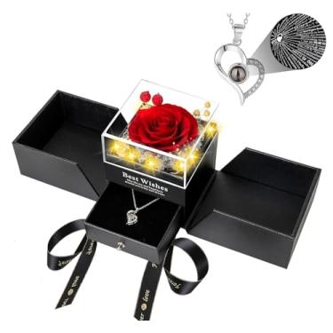 Imagem de Rosa vermelha preservada com colar, flores eternas rosas presentes para mãe, avó, esposa ou namorada no Dia das Mães, Dia dos Namorados, Natal, aniversário romântico (vermelho)